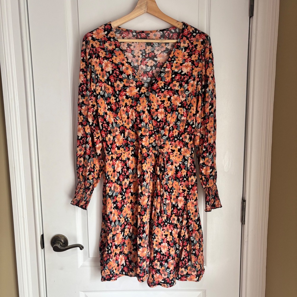 Wild Fable Floral Mini Dress XL Orange Pink Black Long Sleeve Smocked Cuff